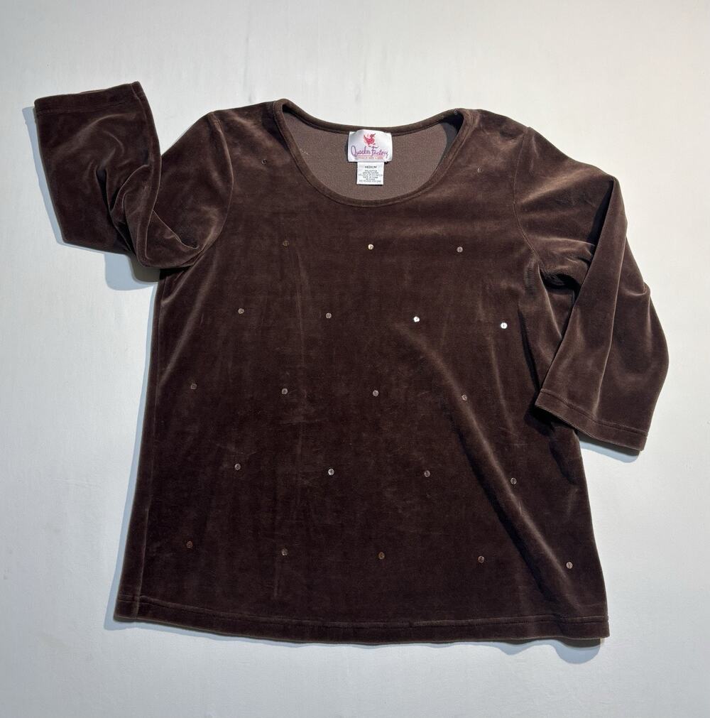 Quacker Factory Brown Velour Top Womens Medium 3/4 Sleeve Studded Blouse Cute